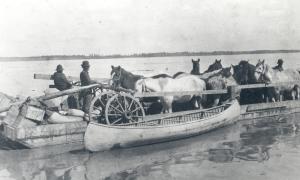 Scow loaded with horses and supplies