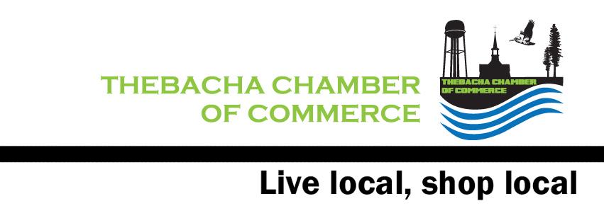 Thebacha Chamber of Commerce banner. There is a water tower, a bird, a church and trees silhouettes on the side of the banner. 